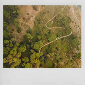 A winding dirt road through green hills, seen from above